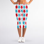 White Red And Blue Argyle Pattern Print Women's Capri Leggings