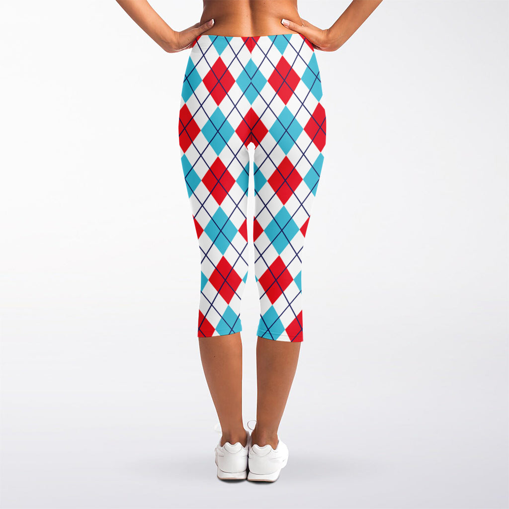 White Red And Blue Argyle Pattern Print Women's Capri Leggings