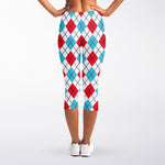White Red And Blue Argyle Pattern Print Women's Capri Leggings
