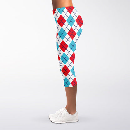 White Red And Blue Argyle Pattern Print Women's Capri Leggings