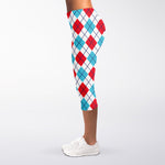 White Red And Blue Argyle Pattern Print Women's Capri Leggings