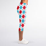 White Red And Blue Argyle Pattern Print Women's Capri Leggings