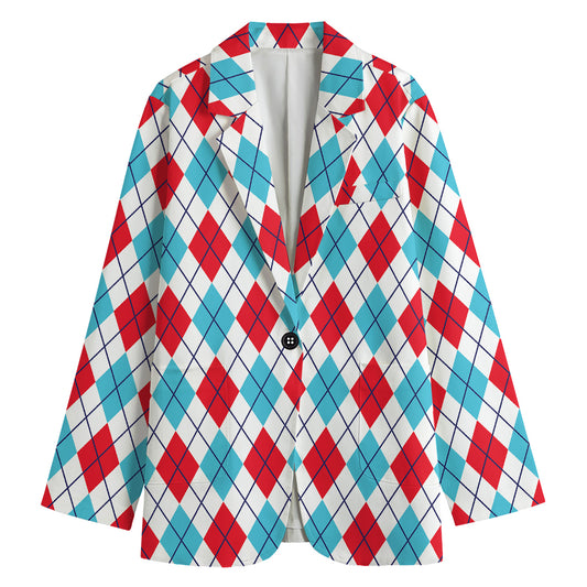White Red And Blue Argyle Pattern Print Women's Cotton Blazer
