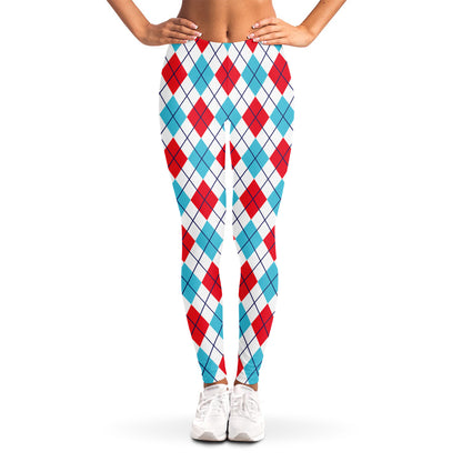 White Red And Blue Argyle Pattern Print Women's Leggings