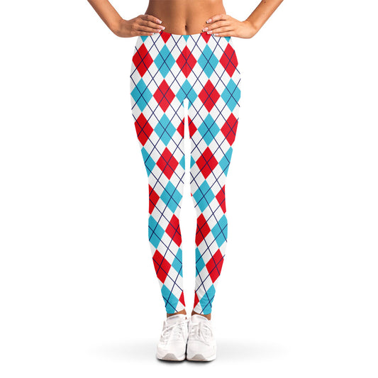 White Red And Blue Argyle Pattern Print Women's Leggings
