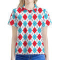 White Red And Blue Argyle Pattern Print Women's Polo Shirt