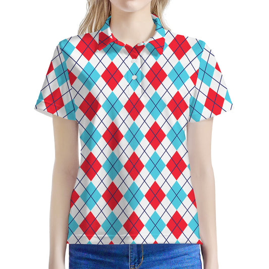 White Red And Blue Argyle Pattern Print Women's Polo Shirt