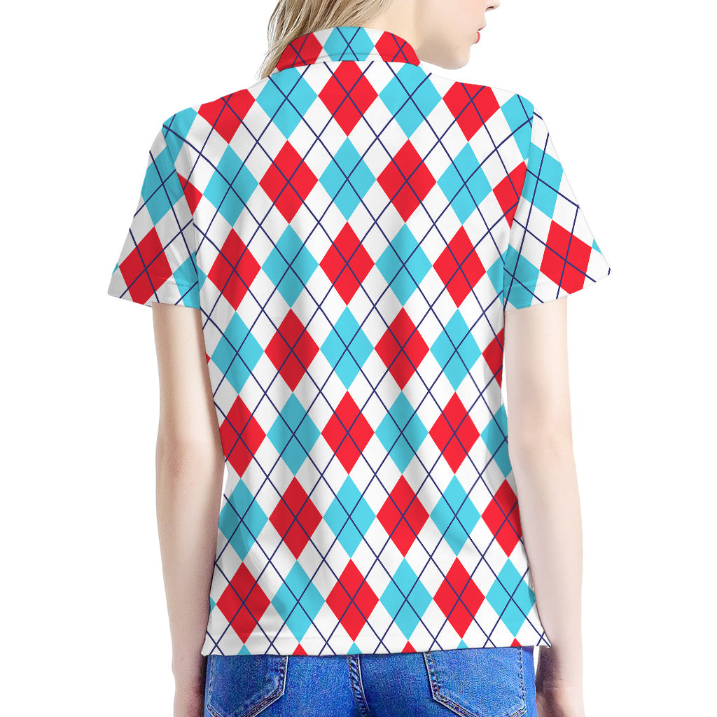 White Red And Blue Argyle Pattern Print Women's Polo Shirt