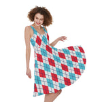 White Red And Blue Argyle Pattern Print Women's Sleeveless Dress