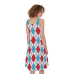 White Red And Blue Argyle Pattern Print Women's Sleeveless Dress