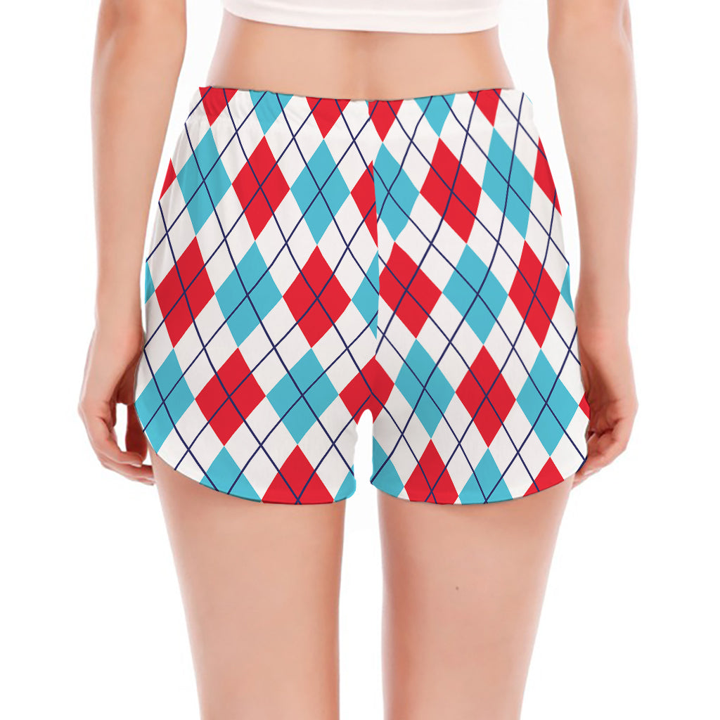 White Red And Blue Argyle Pattern Print Women's Split Running Shorts