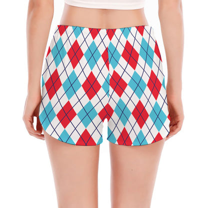 White Red And Blue Argyle Pattern Print Women's Split Running Shorts