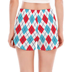 White Red And Blue Argyle Pattern Print Women's Split Running Shorts