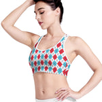 White Red And Blue Argyle Pattern Print Women's Sports Bra
