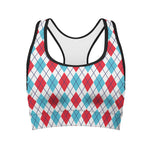 White Red And Blue Argyle Pattern Print Women's Sports Bra