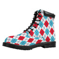 White Red And Blue Argyle Pattern Print Padded Collar Lace Up Boots