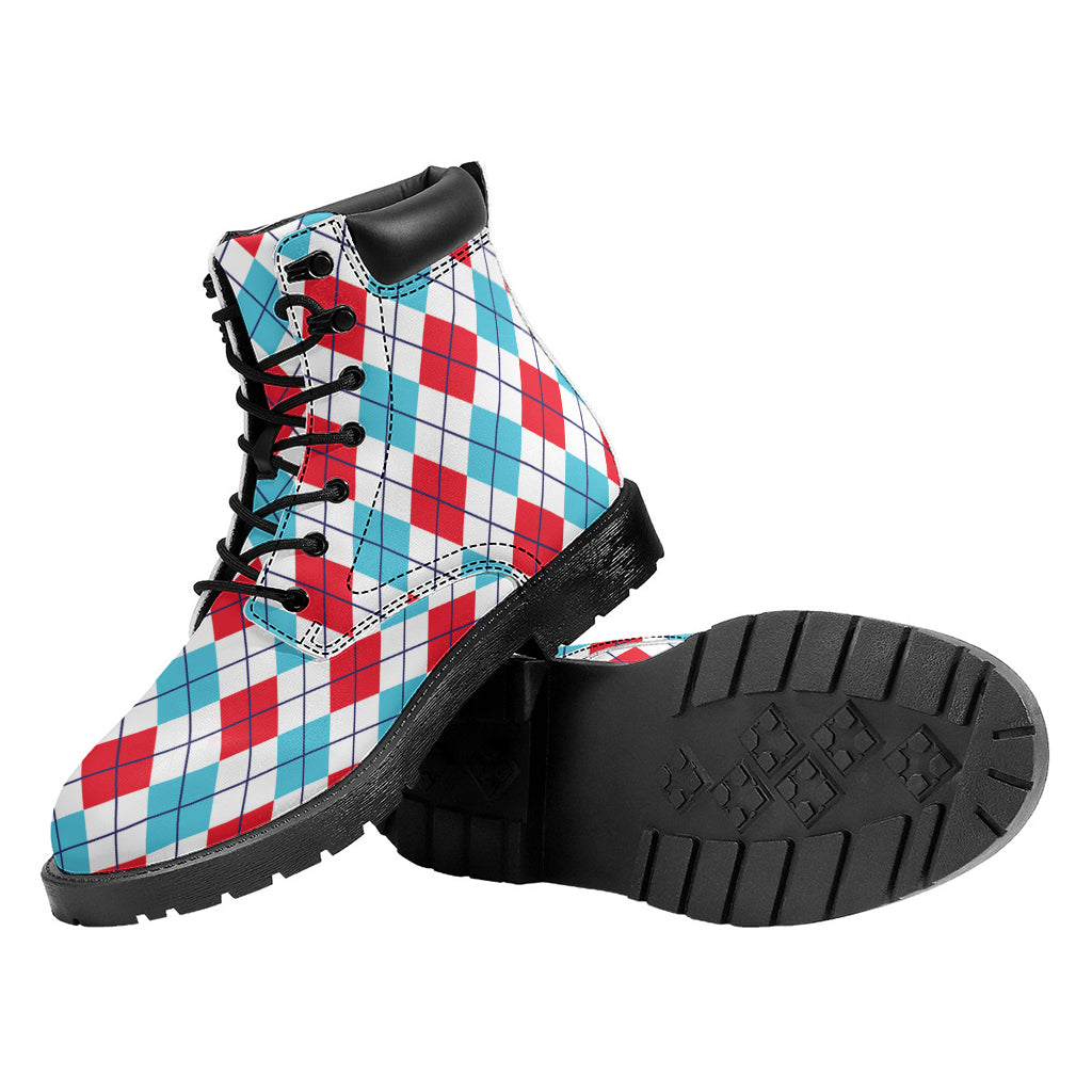 White Red And Blue Argyle Pattern Print Work Boots