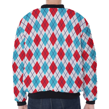 White Red And Blue Argyle Pattern Print Zip Sleeve Bomber Jacket