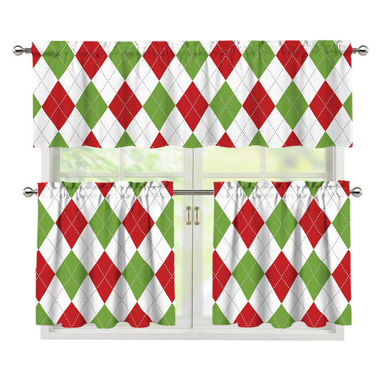 White Red And Green Argyle Pattern Print 3 Piece Kitchen Curtains