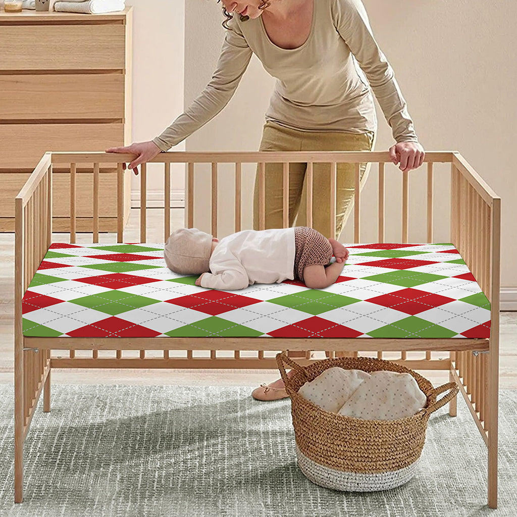 White Red And Green Argyle Pattern Print Baby Crib Sheet