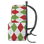White Red And Green Argyle Pattern Print Backpack