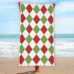 White Red And Green Argyle Pattern Print Beach Towel
