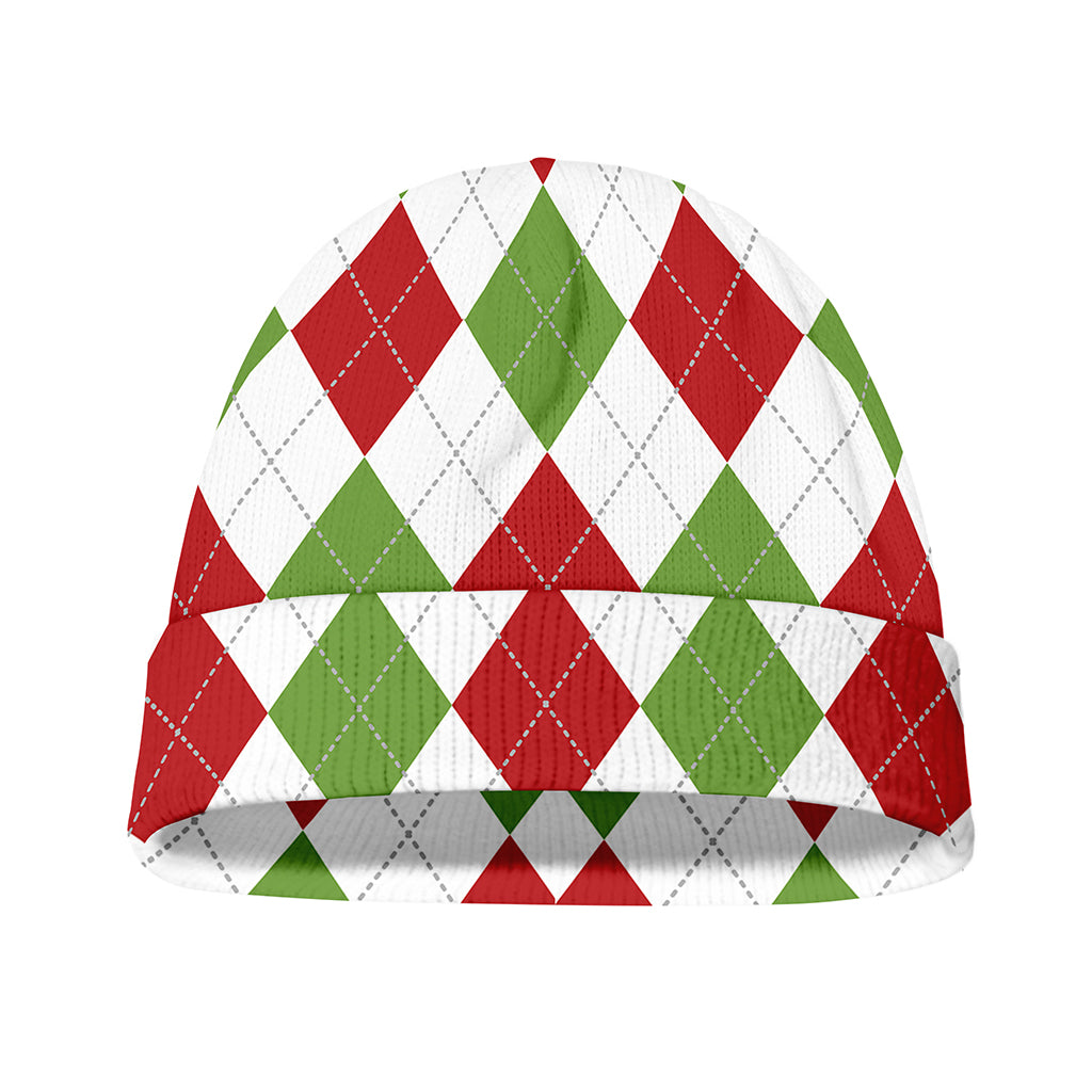 White Red And Green Argyle Pattern Print Beanie