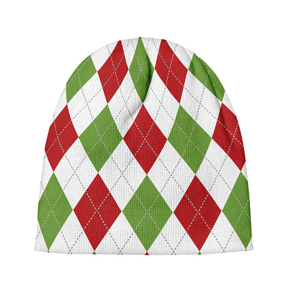 White Red And Green Argyle Pattern Print Beanie