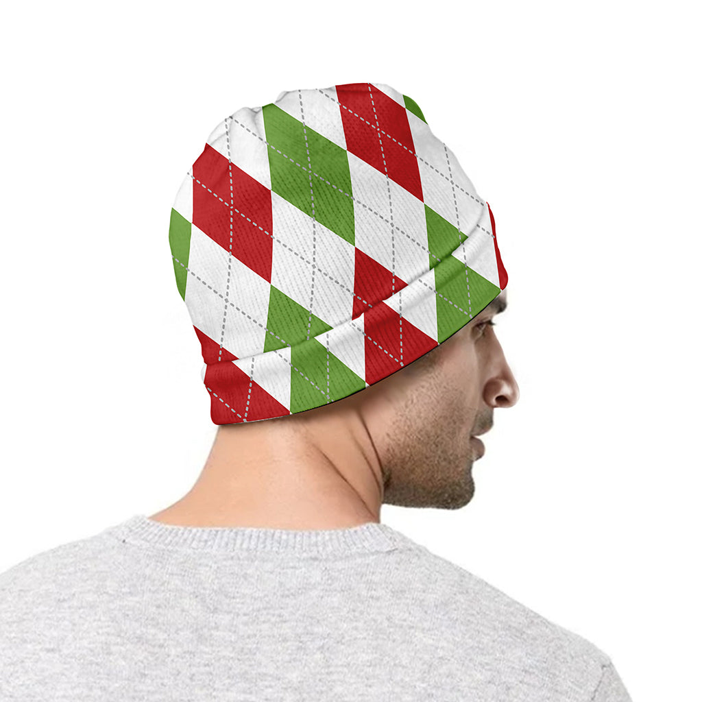 White Red And Green Argyle Pattern Print Beanie