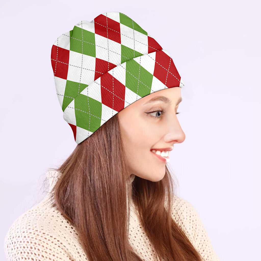 White Red And Green Argyle Pattern Print Beanie