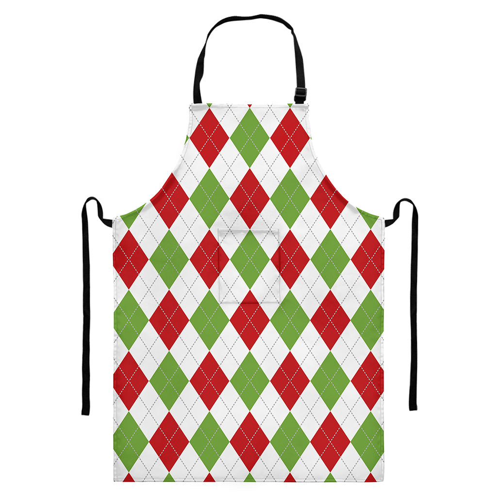White Red And Green Argyle Pattern Print Bib Apron With Pocket
