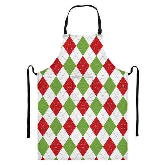 White Red And Green Argyle Pattern Print Bib Apron With Pocket