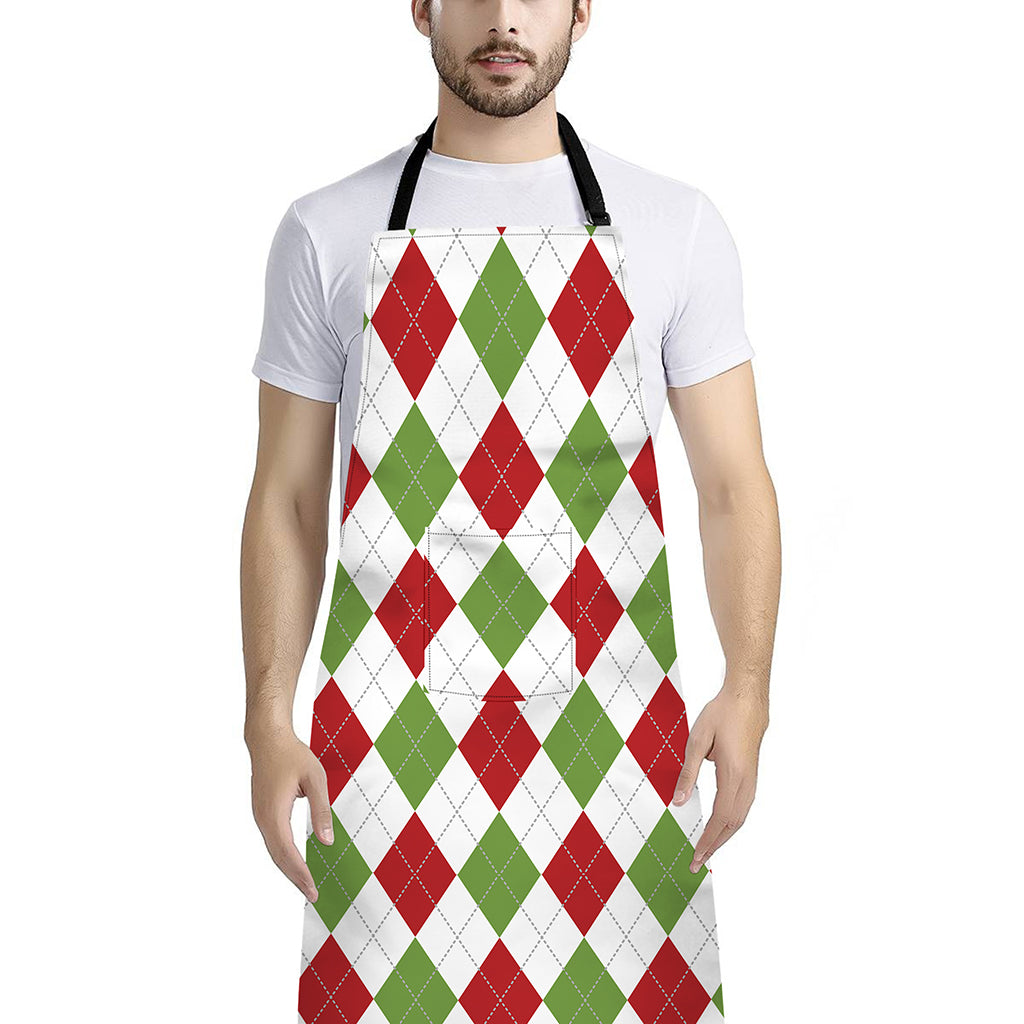 White Red And Green Argyle Pattern Print Bib Apron With Pocket