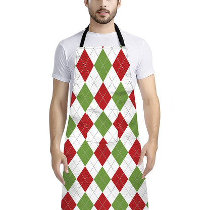 White Red And Green Argyle Pattern Print Bib Apron With Pocket