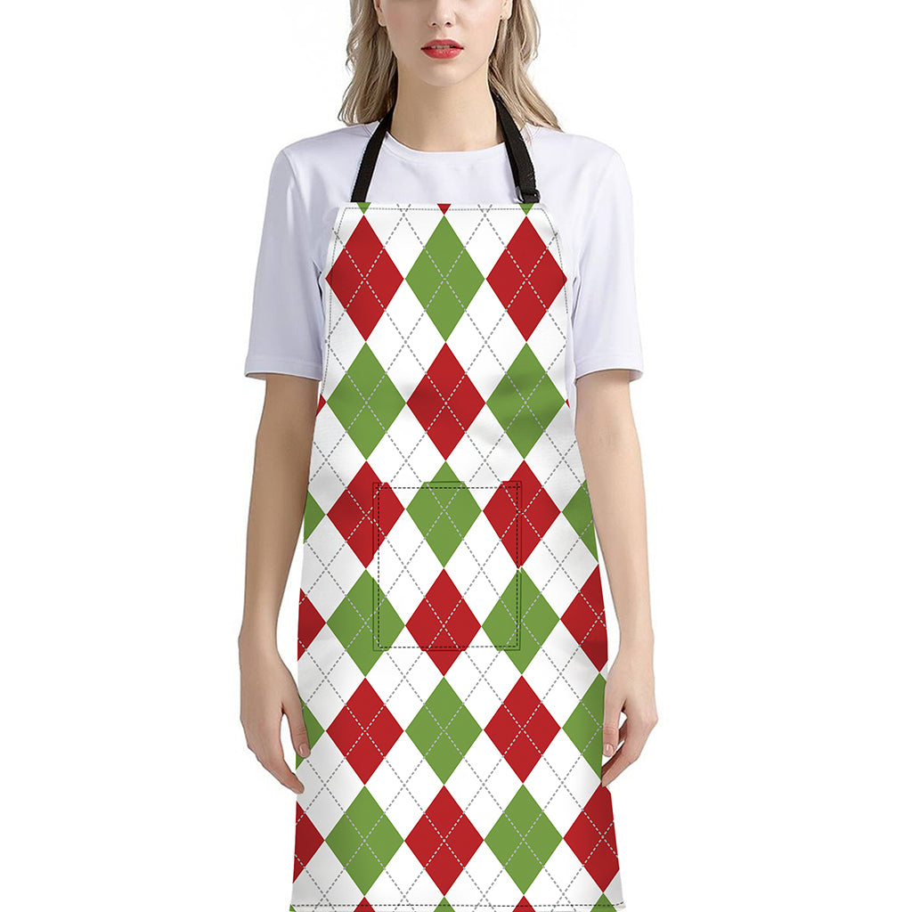White Red And Green Argyle Pattern Print Bib Apron With Pocket