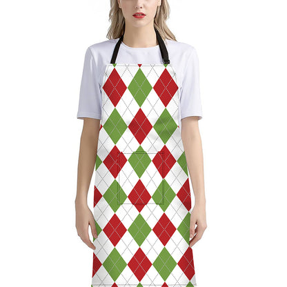 White Red And Green Argyle Pattern Print Bib Apron With Pocket