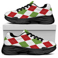 White Red And Green Argyle Pattern Print Black Chunky Shoes