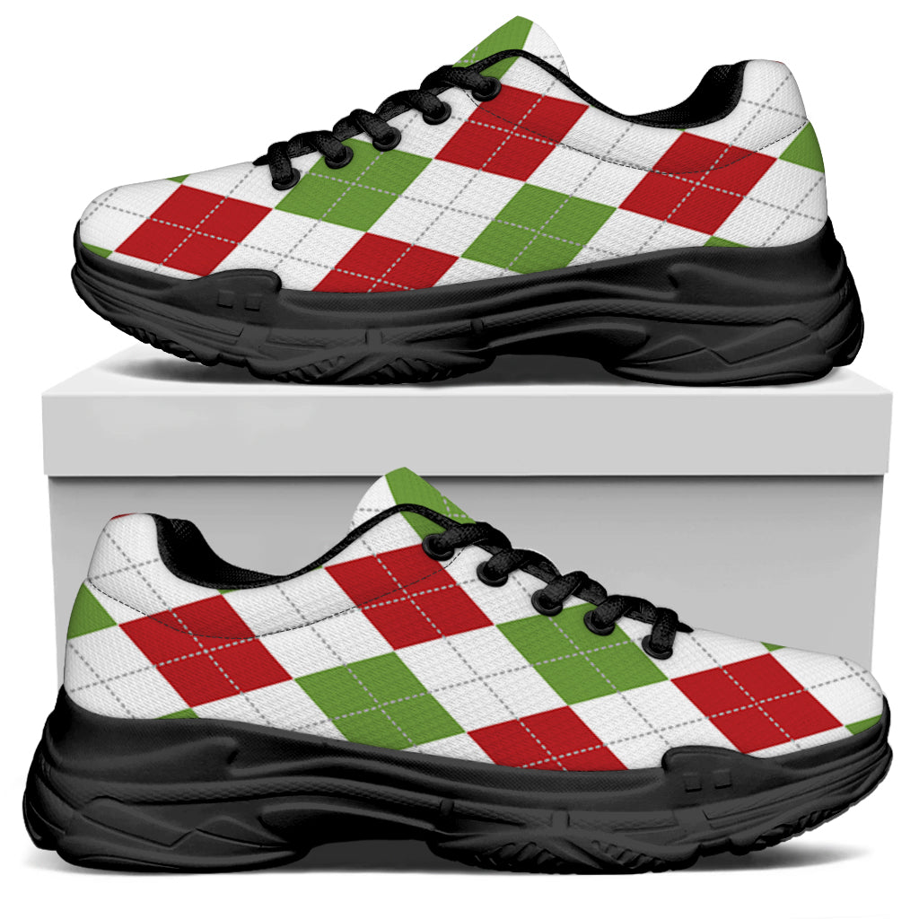White Red And Green Argyle Pattern Print Black Chunky Shoes