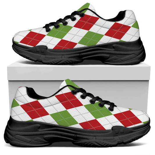 White Red And Green Argyle Pattern Print Black Chunky Shoes
