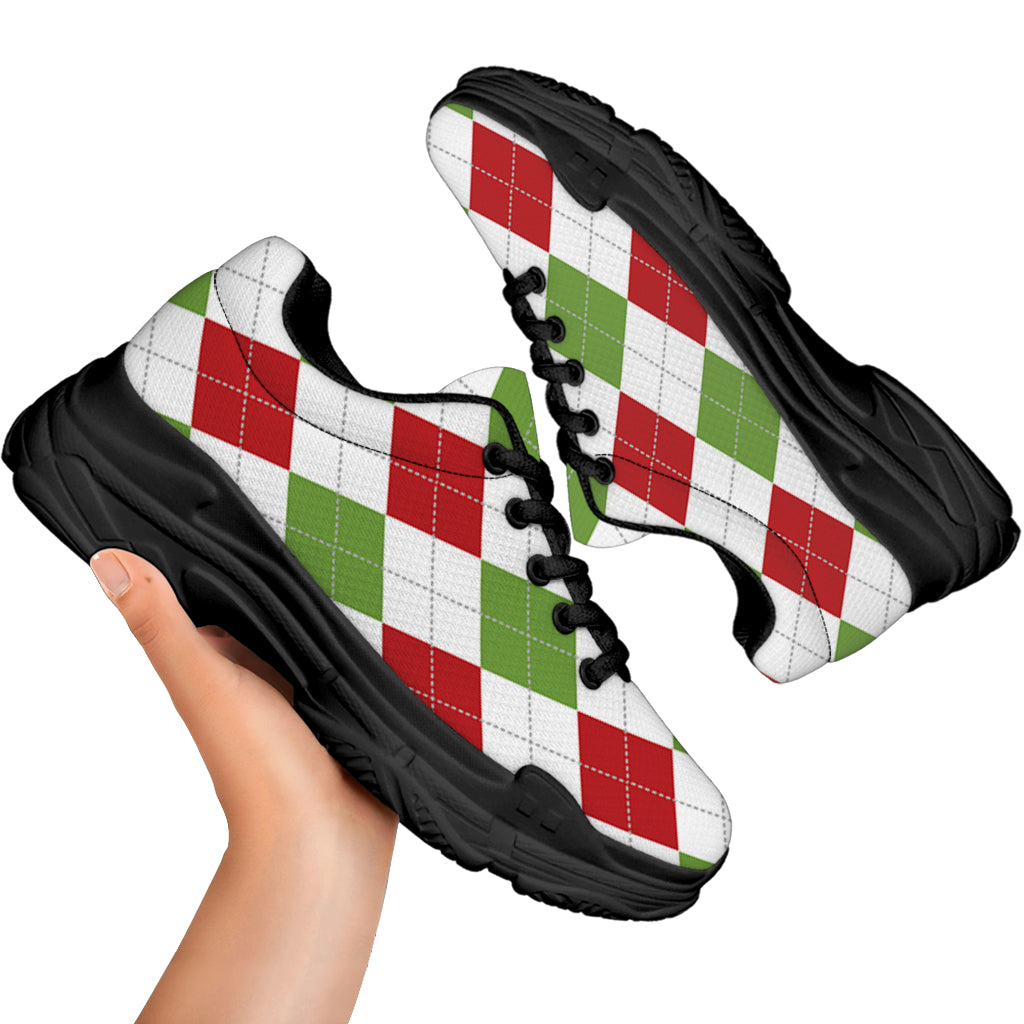 White Red And Green Argyle Pattern Print Black Chunky Shoes