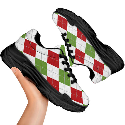 White Red And Green Argyle Pattern Print Black Chunky Shoes