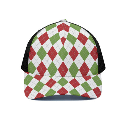 White Red And Green Argyle Pattern Print Black Mesh Trucker Cap