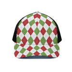 White Red And Green Argyle Pattern Print Black Mesh Trucker Cap