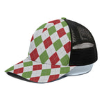 White Red And Green Argyle Pattern Print Black Mesh Trucker Cap