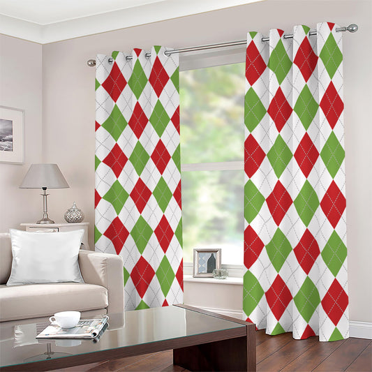 White Red And Green Argyle Pattern Print Blackout Grommet Curtains