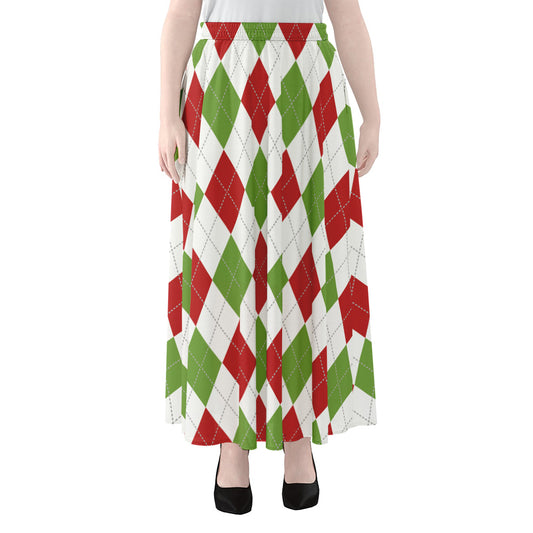 White Red And Green Argyle Pattern Print Chiffon Maxi Skirt