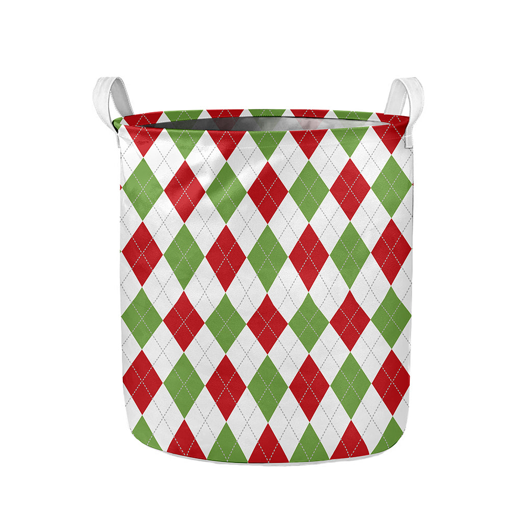 White Red And Green Argyle Pattern Print Collapsible Laundry Basket
