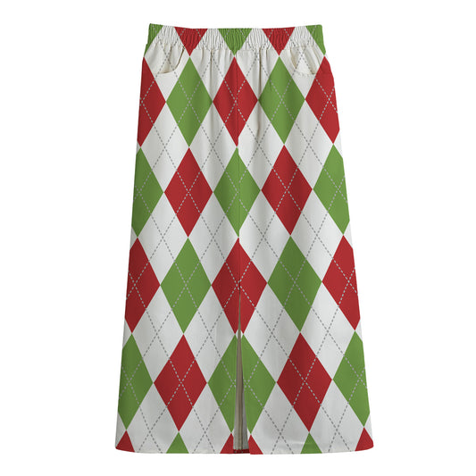 White Red And Green Argyle Pattern Print Cotton Front Slit Maxi Skirt