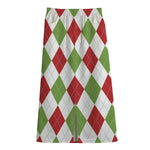 White Red And Green Argyle Pattern Print Cotton Front Slit Maxi Skirt