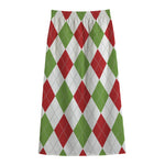 White Red And Green Argyle Pattern Print Cotton Front Slit Maxi Skirt